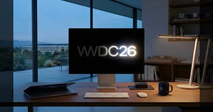 ஆப்பிள் WWDC 2026 மாநாட்டின் லோகோவும், ஏஐ தொழில்நுட்பத்தின் அம்சங்களும்.