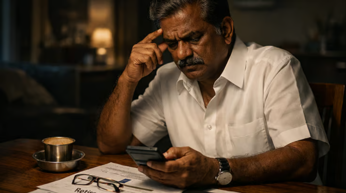 நிதிச்சுமையில் கவலை தோய்ந்த முகத்துடன் இருக்கும் ஒரு அரசு ஊழியர்.
