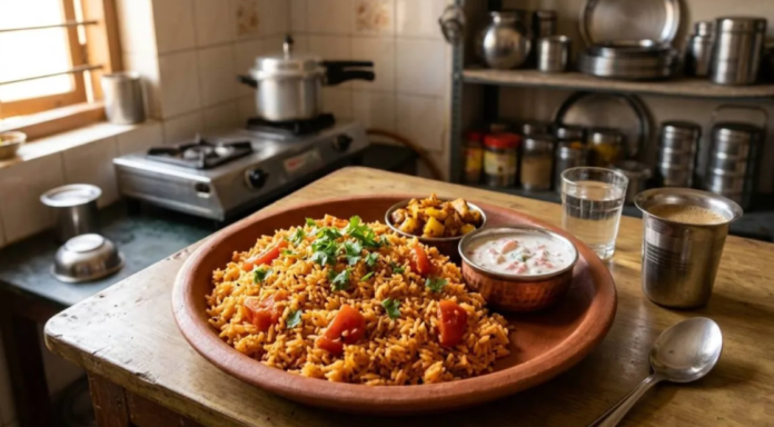 பிரியாணி போல மணக்கும் சீரக சம்பா தக்காளி சாதம், லஞ்ச் பாக்ஸில் அழகாக அடுக்கி வைக்கப்பட்டுள்ளது.