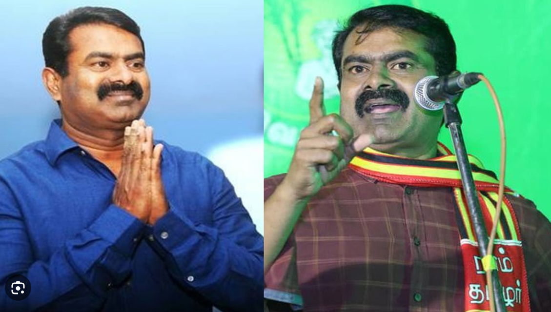 நாம் தமிழர் கட்சியின் மேடையில் சீமான் அரசியல் உரையாற்றுவதைக் காட்டும் படம்.
