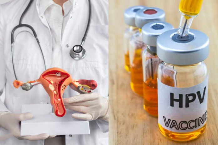14 வயதுச் சிறுமிக்குச் சுகாதாரப் பணியாளர் HPV தடுப்பூசி செலுத்தும் காட்சி.