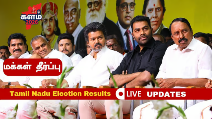 தமிழக சட்டமன்றத் தேர்தல் முடிவுகள் 2026: விஜய்யின் தமிழக வெற்றிக் கழகம் முன்னிலை வகிக்கும் காட்சி.