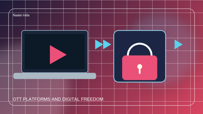 Editorial illustration of OTT streaming platforms, locked screens and digital freedom concerns