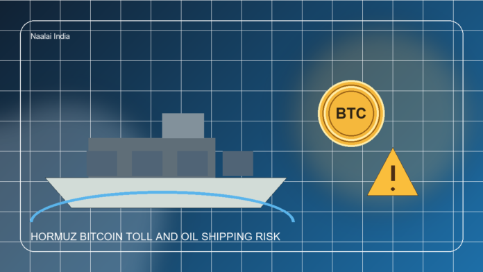 Editorial illustration of an oil tanker in the Strait of Hormuz with Bitcoin toll risk and global trade pressure