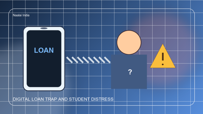 Editorial illustration of a student caught between a mobile loan app, debt pressure and social injustice