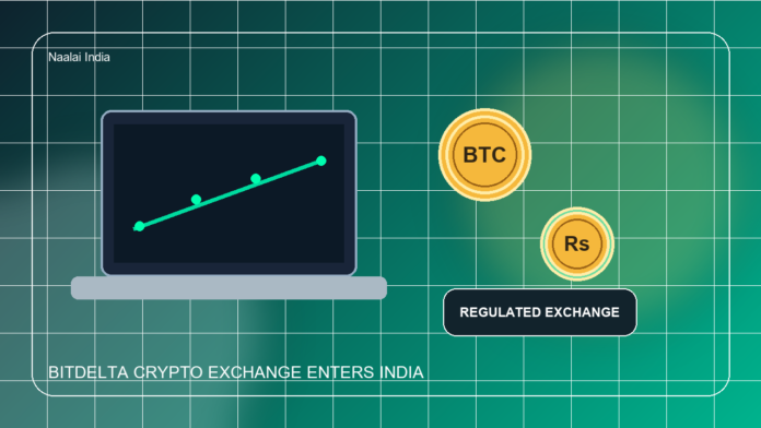 Editorial illustration of a regulated crypto exchange dashboard launching in India
