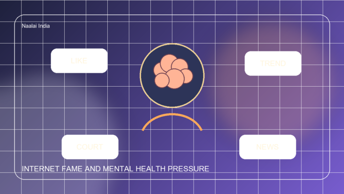 Editorial illustration of social media pressure affecting a performer under mental health stress