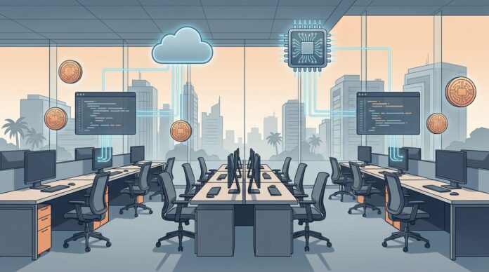 Editorial illustration about Coinbase layoffs, AI automation and Tamil Nadu IT jobs