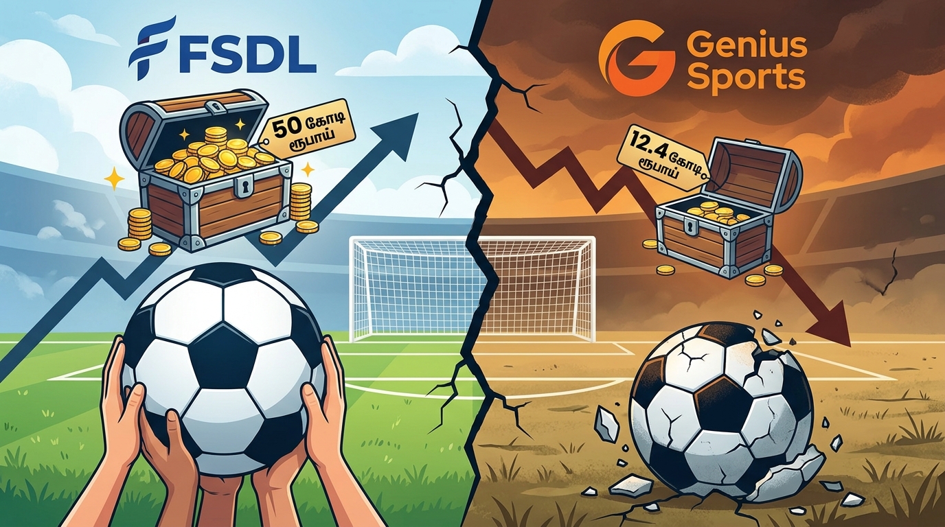 FSDL மற்றும் ஜீனியஸ் ஸ்போர்ட்ஸ் நிறுவனங்களின் வருவாய் வேறுபாட்டைக் காட்டும் படம்.