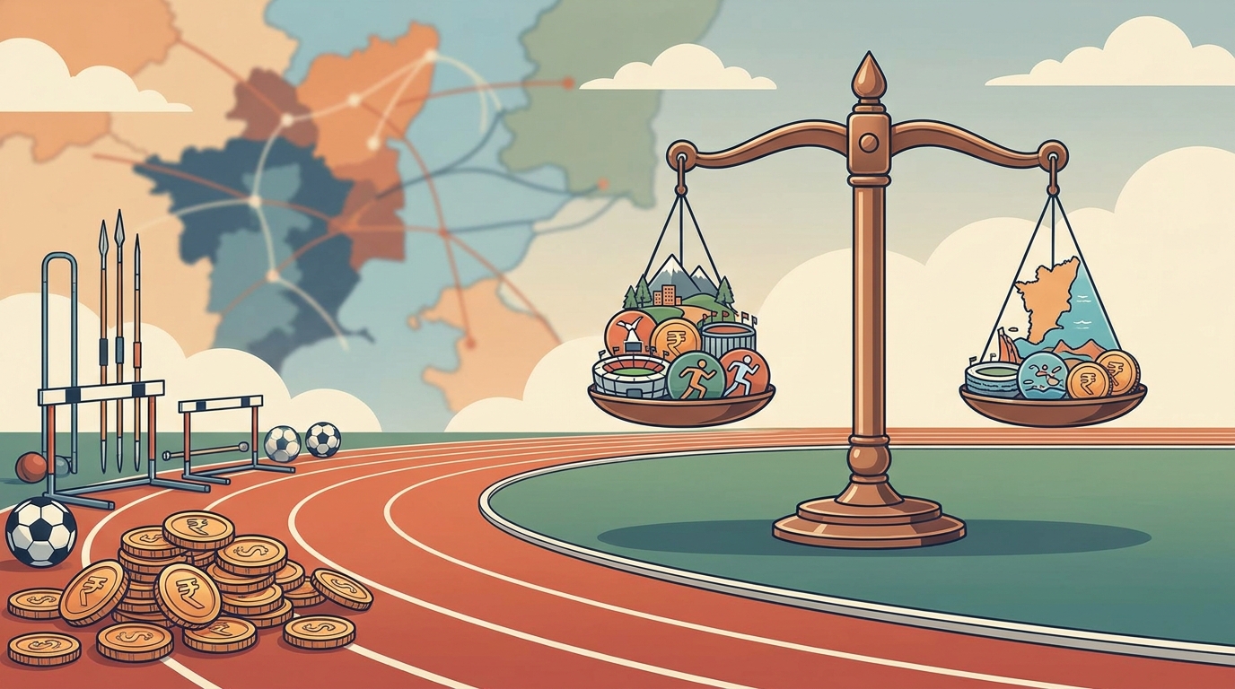 Editorial illustration showing the need for balanced sports funding across Indian states