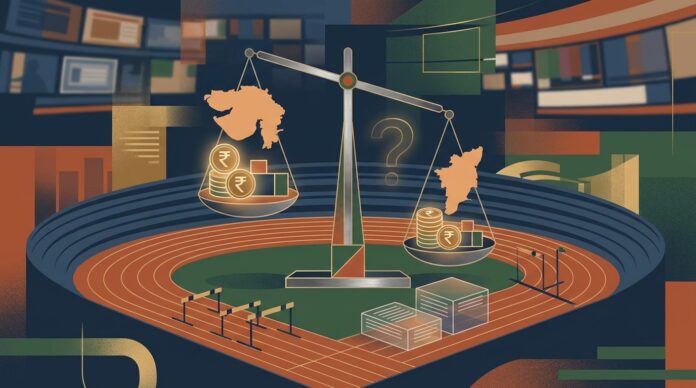 Editorial illustration comparing Khelo India sports funding allocation between Gujarat and Tamil Nadu