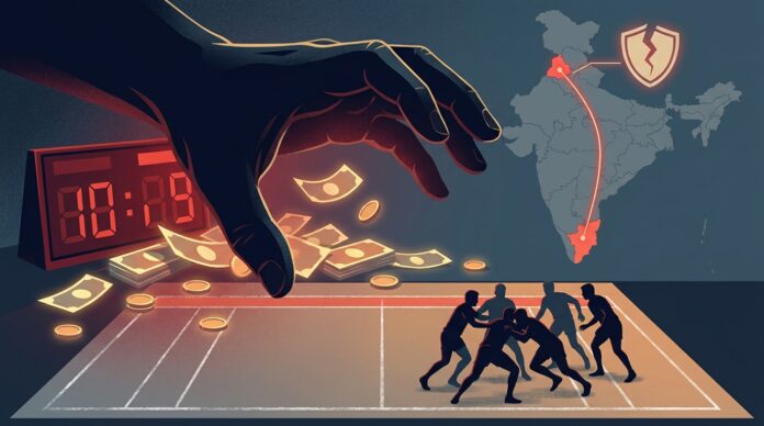 கிராமப்புற கபடி மைதானத்தில் வீரர்கள் மோதும் காட்சி, பின்னணியில் நிழல் உலக அச்சுறுத்தல்
