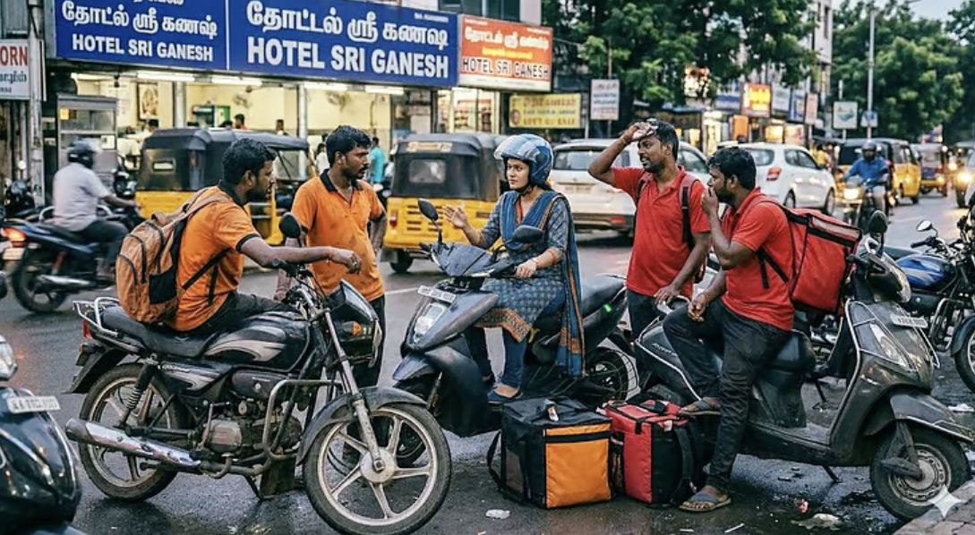 இருசக்கர வாகனத்தில் பயணிக்கும் பெண் டெலிவரி பணியாளர்.